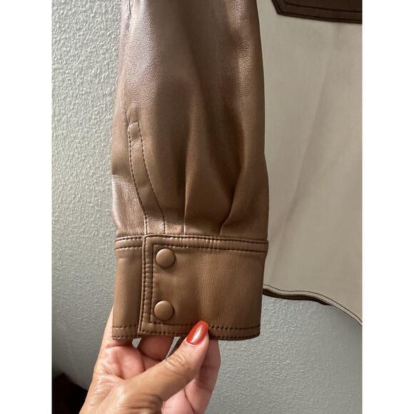 SFIZIO Women's Brown Color Block Faux Leather Patchwork Shacket Size Medium NWOT - Picture 13 of 14